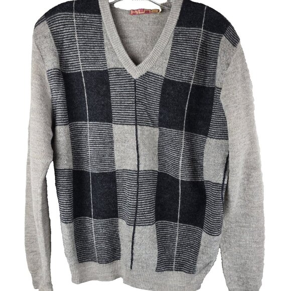 Luxury KUNA 100% Baby Alpaca Plaid V-Neck Sweater Size M Soft Warm Made Peru - Picture 2 of 9